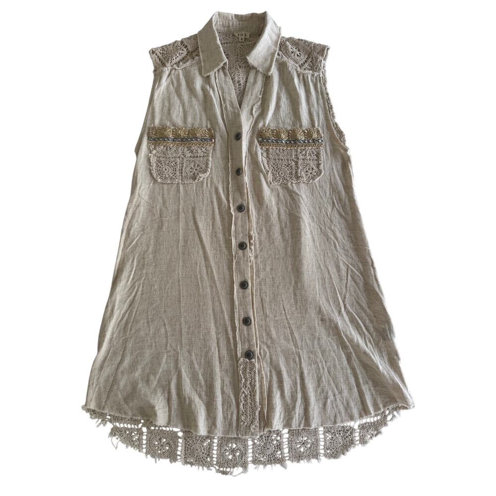 POL Women’s S Boho Crochet Lace Button Front Tunic Vest Embellished Cotton